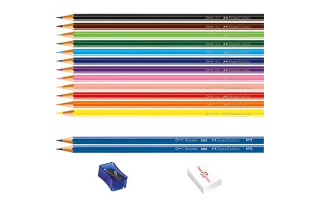 LAPIS DE COR 12 CORES ECOLAPIS  KIT COM APONTADOR, BORRACHA E 2 LAPIS FABER CASTELL