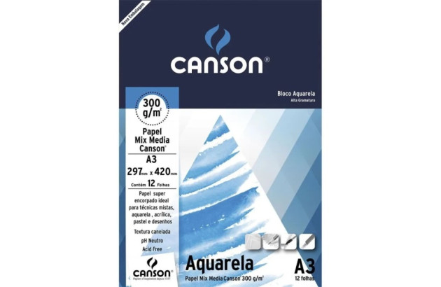 BLOCO PAPEL AQUARELA A3 12F 300G CANSON