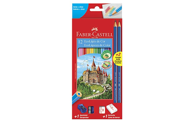 LAPIS DE COR 12 CORES ECOLAPIS  KIT COM APONTADOR, BORRACHA E 2 LAPIS FABER CASTELL