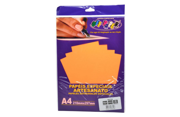 PAPEL ARTESANATO NEON LARANJA A4 180G PACOTE COM 20 FOLHAS 