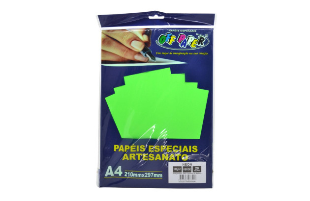 PAPEL ARTESANATO NEON VERDE A4 180G PACOTE COM 20 FOLHAS OFFPAPER.