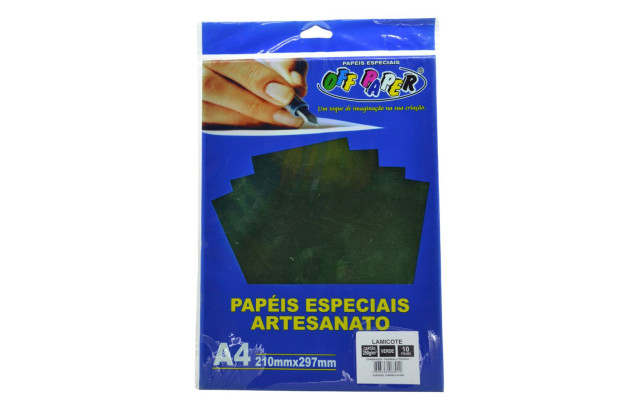 PAPEL LAMICOTE A4 250G VERDE PACOTE COM 10 FOLHAS OFFPAPER.